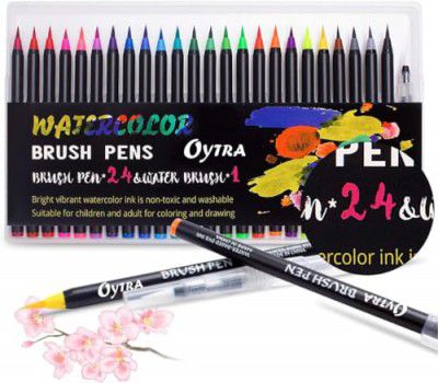 Oytra Brush Pen Set of 24 Shades for Calligraphy Water Color Art Supplies Sketch Pens for Painting Coloring Journaling Drawing Mandala Doodle Craft for Artists Professionals Adults