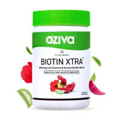 OZiva Plant Based Biotin Xtra for Hair Repair, Regeneration & Growth | Biotin 7000 mcg+ with Keratin Builder, Sesbania Agati & Aloe Vera (Pack of 1, (60 Capsules))