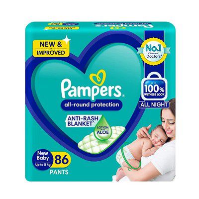 Pampers All round Protection Pants, New Born, Extra Small size baby diapers (NB,XS) 86 Count, Lotion with Aloe Vera