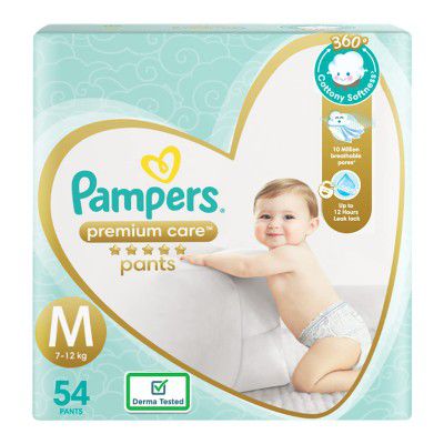 Pampers Premium Care Pants, Medium size baby Diapers, (M) 54 Count,7-12 kg Softest ever Pampers Pants