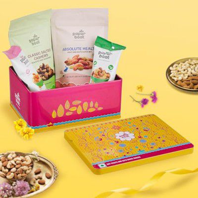 Paper Boat Holi Dry Fruit Box, 260g - Premium Diwali Dryfruit Gift Hamper | Beautiful Reusable Tin Box | Perfect Festive Gift for Loved ones |Holi Gift Hamper| Assorted Mix of Flavoured Nuts & Trail M