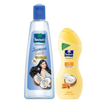 Parachute Advansed Jasmine Gold Non-Sticky Coconut Hair Oil with 8x Vitamin E For Super Shiny Hair, 500ml & Soft Touch Body Lotion