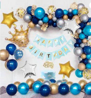 PARTY BREEZE Solid Golden and blue Happy Birthday Decoration Combo Kit with Banner, (blue 51pcs) (Set of 51 Balloon  (Blue, Gold, Silver, Pack of 51)