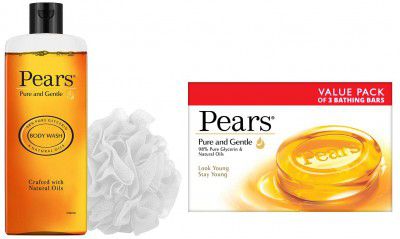 Pears Moisturising Bathing Bar Soap - 125g (Pack of 3) & Pears Bodywash - 250 ml (Free Loofah)