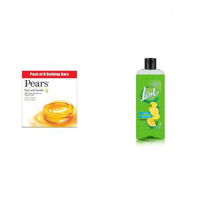 Pears Pure And Gentle Bathing Bar, 125g (Pack Of 8) & Liril Lemon and Tea Tree Oil Body Wash, 250 ml