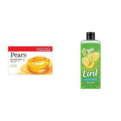 Pears Pure And Gentle Soap Bar, 125g (Pack Of 3) & Liril Lemon and Tea Tree Oil Body Wash, 250 ml