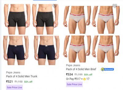 Pack of 4 Pepe Jeans Mens Briefs And Trunks @ up to 55% Off from ₹309