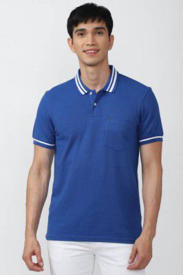 PETER ENGLAND  Men Solid Polo Neck Poly Cotton Blue T-Shirt