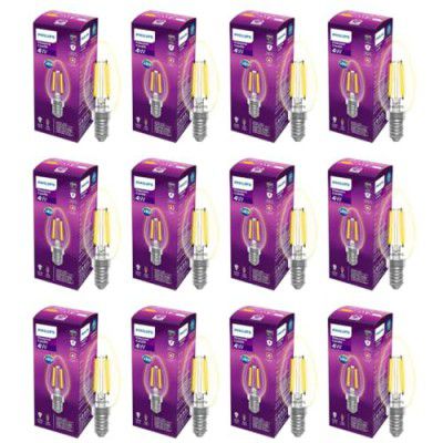 PHILIPS 4-watt Filament Candle LED Bulb | Clear Candle Bulb Home & Decoration | Bulb Base: E14, Cool White | Pack of 12