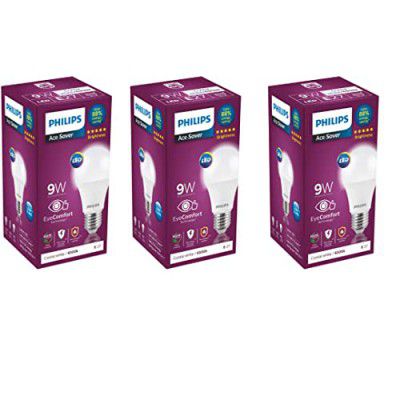 Philips Ace Saver Base E27 9-Watt LED Bulb (Pack of 3, Crystal White)