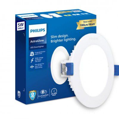 PHILIPS Astra Glow 5 Watts Round Led Downlighter | Recessed Led Downlight For False Ceiling | Led Ceiling Light For Home And Hall | Cut Out: 3 Inch, Cool Day Light, Pack Of 1, Flanged