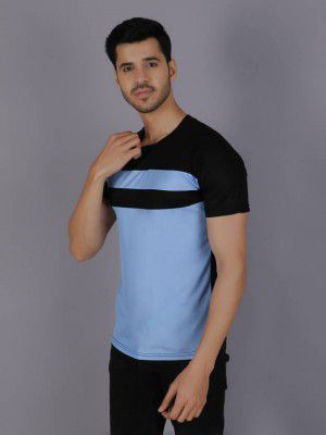 PICKURTEE  Men Solid Round Neck Polyester Black, Light Blue T-Shirt