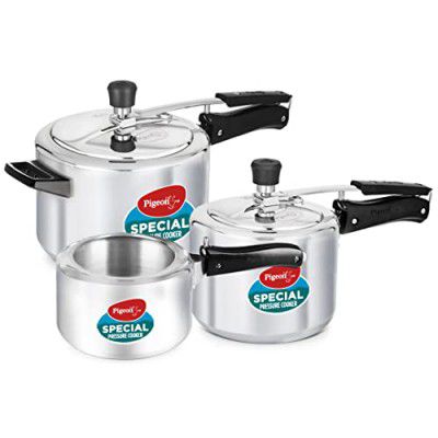 Pigeon by Stovekraft Aluminium Pressure Cooker Combo with Inner Lid Induction Base 2 litre, 3 litre and 5 litre 14458 (Silver, Large)