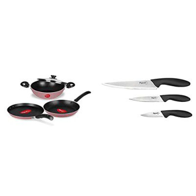 Pigeon by Stovekraft Basics Aluminium Non-Stick Cookware Set, Set of 3 (with one lid), Pink & Stainless Steel Kitchen Knives Set, 3-Pieces, Multicolour Combo