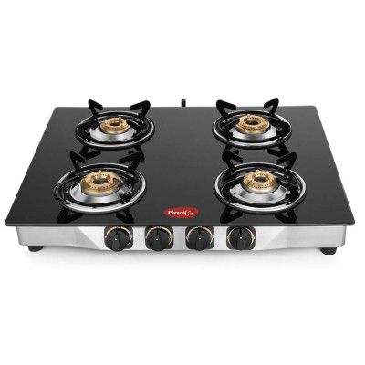 Pigeon by Stovekraft Blaze Gas Stove with High Powered 4 Brass Burner, Glass Cooktop has Glass Top and Stainless Steel body, Manual Ignition (Black)