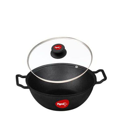 Pigeon by Stovekraft Cast Iron Kadai with Glass Lid | Medium, 26 cm | Naturally Nonstick | Pre-Seasoned Kadhai with 100% vegetable oil | Toxin-Free | High Pressure Casting | Bring Back Nostalgic Taste