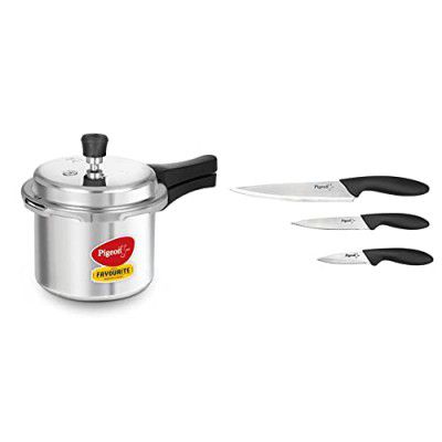 Pigeon By Stovekraft Favourite Induction Base Aluminium Pressure Cooker with Outer Lid, 3 Litres (Silver) + Stainless Steel Kitchen Knives Set, 3-Pieces, Multicolour