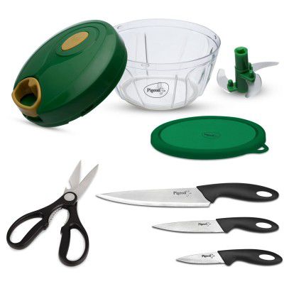 Pigeon by Stovekraft Kitchen Tools Value Combo (400ml Chopper & Storage, 3 Knives Set, 1 Kitchen Scissor)