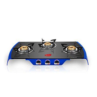 Pigeon by Stovekraft Ultimate 3 Burner High Powered Brass Gas Stove, Cooktop with Glass and Aluminium Die Cast Legs and Front Plate, 14519 (Black and Blue, Standard, Manual Ignition)