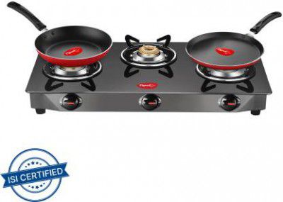 Pigeon Combo - Brunet Cooktop + Flat tawa 250 + Fry Pan 240 Glass Manual Gas Stove  (3 Burners)