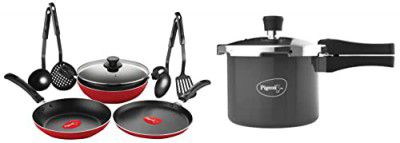 Pigeon Mio Nonstick Aluminium Cookware Gift Set, 8 Pieces Kitchen Set & Hard Anodised Pressure Cooker Outer Lid with Induction Base 3 Litre