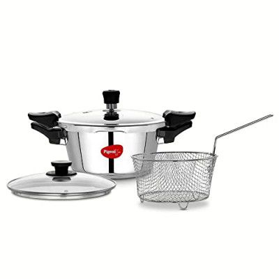 Pigeon Stainless Steel All in One Super Cooker Pro 3 litre with Pressure Cooker Outer Lid, Glass lid and Deep Frying Basket (14942)