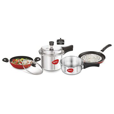 Pigeon Starter Kit of Mini Containing 2 and 3 litre Aluminium Pressure Cooker Outer Lid, 250 mm Flat Tawa and 240mm Kadai with Glass Lid (Silver)