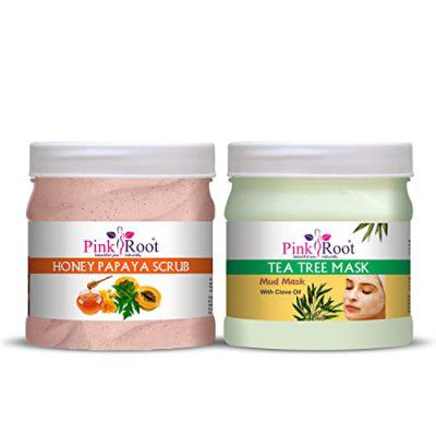 Pink Root Honey Papaya Scrub 500ml with Tea Tree Mud Mask 500ML