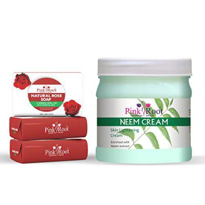 Pink Root Natural Rose Soap 100gm (Pack Of 3) with Neem Cream 500ml