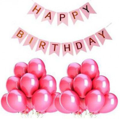 Pixelfox Happy Birthday Banner (Pink) + 30 Metallic Balloon(Pink) (Set of 31)