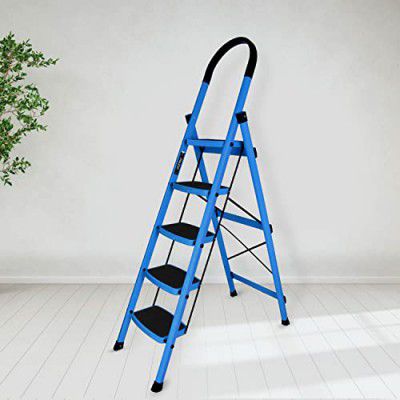 Plantex Ladder for Home - Premium Steel Foldable 5-Step Ladder - Anti Skid Strong Steps with 5 Years Manufacturer Warranty (Blue & Black)