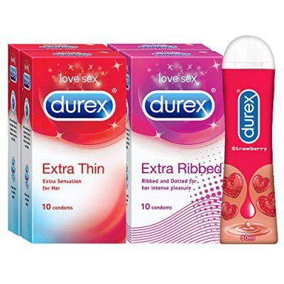 Pleasure Packs (Durex Extra Thin 10s, Extra Ribbed 10s, Extra Thin 10s, Extra Ribbed 10s, Strawberry 50 ml)