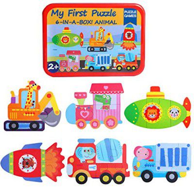 PLUSPOINT 6-in-1 Toddler Fun Cartoon Animals,Transport,Birds,Insects Jigsaw Early Educational Toy Puzzle Game Box for Kids Gift (Transport)