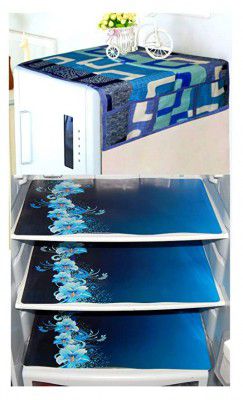 Polyester 4 Piece Kitchen Fridge Top Cover & Refrigerator Drawer Mat - Standard, Blue