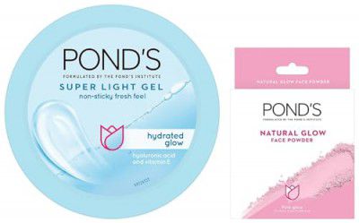 Pond's Super Light Gel Oil Free Moisturiser With Hyaluronic Acid + Vitamin E, 200 ML&Pond's Natural Glow Face Powder, Pink Glow - 30G