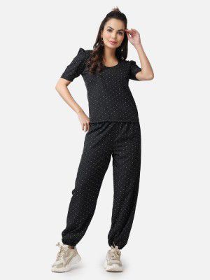 Popwings Casual Black Polka Dot Printed Regular Relaxed Loose Fit Women Co-Ords Set