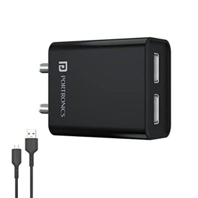 Portronics Adapto 66 2.4A 12w Dual USB Port 5V/2.4A Wall Charger,Comes with 1M Micro USB Cable, USB Wall Charger Adapter for iPhone 11/Xs/XS Max/XR/X/8/7/6/Plus, iPad Pro/Air 2/Mini 3/Mini 4, Samsung