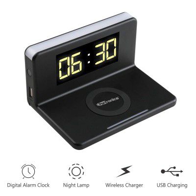 Portronics Freedom 4 Desktop Bedside Wireless Charger with Digital Alarm Clock and LED Lamp, Electrical Powered (Black)