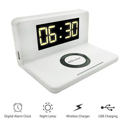 Portronics Freedom 4 Desktop Bedside Wireless Charger with Digital Alarm Clock and LED Lamp (White)