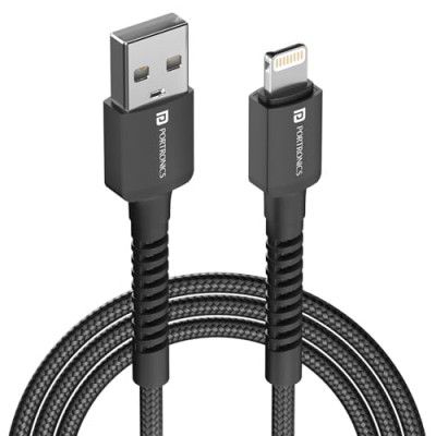 Portronics Konnect X 3A Unbreakable Nylon Braided USB to 8 Pin Fast Charging Cable 2M Long, Supports All 8 Pin & Lightning Devices(Black)