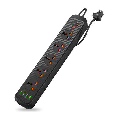 Portronics Power Plate 6 with 4 USB Port + 5 Power Sockets 2500W Surge Protector/Power Converter, Cord Length 3Mtr (Black)