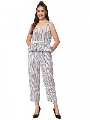 PPTOSS Women's Printed Polyester Rayon Regular Fit Striped Jumpsuit Maxi Dress (White)