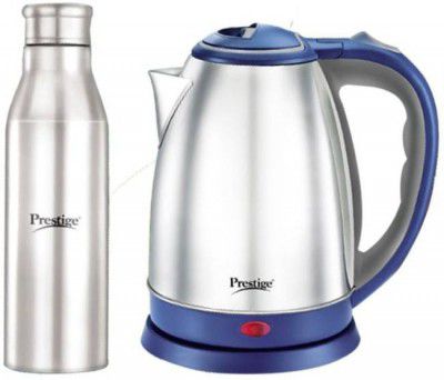 Prestige Atlas Electric Kettle (1.5 L, Silver, Blue) with stainless steel water bottle 750ml