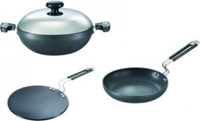 Prestige Hard Anodised + Cookware Build Your Kitchen set 3 Pcs- Fry pan, Kadhai with Lid, Tawa 24 cm diameter with Lid  (Hard Anodised, Non-stick, Induction Bottom)