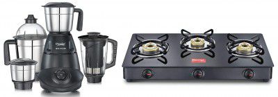 Prestige IRIS Plus 750 watt mixer grinder & IRIS LPG Gas Stove, 3 Burner, Black, Glass, Manual