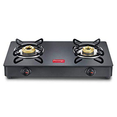 Prestige IRIS Toughened Glass-Top 2 Brass Burner LPG Gas Stove | Black | Spill Proof | Ergonomic Knobs | Tri-Pin Brass Burners