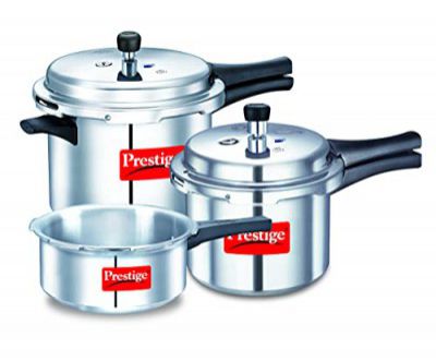 Prestige Popular Max 5 + 3 + 2 Litre Aluminium Outer Lid Pressure Cooker Combo Pack, 2 Lids, Silver, Large (11791)