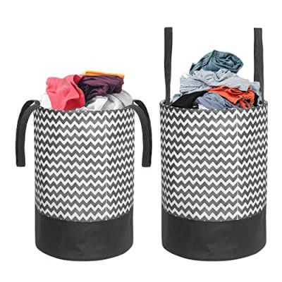 PrettyKrafts 45 Ltr Folding Laundry Basket for Clothes, Freestanding Laundry Hamper, Collapsible Clothes Hamper with Handles, Round Storage Basket for Clothes,Bedroom,Bathroom, Set of 2, Black & White