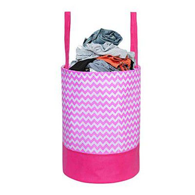 PrettyKrafts 45L Non Woven Wave Printed Round Foldable Large Laundry Bag/Basket With Handles, Freestanding Clothes Storage Organizer for Bedroom, Bathroom, Dorm (36x36x45cm, Pink, Set of 1)