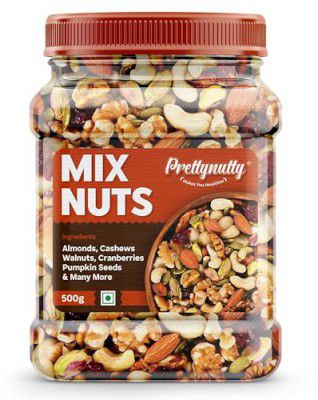 PrettyNutty Healthy Nutmix 500g, Dried Almonds, Black Raisins, Cashewnuts, Cranberries, Green Raisins, Walnut Kernels & Many More. (Pack of Jar)